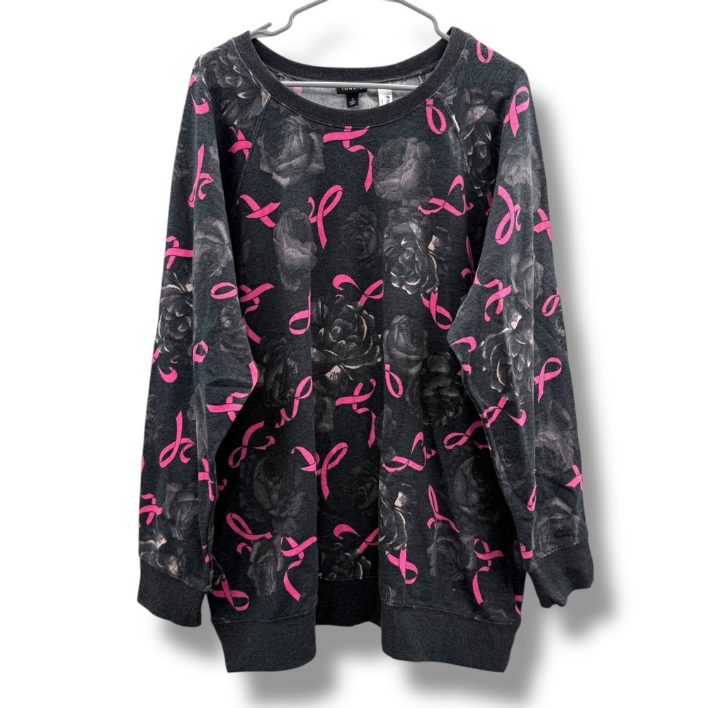 Torrid Black, Gray & Pink Rose Pink Cancer Ribbon Long Sleeve Sweater‎ 3X NEW